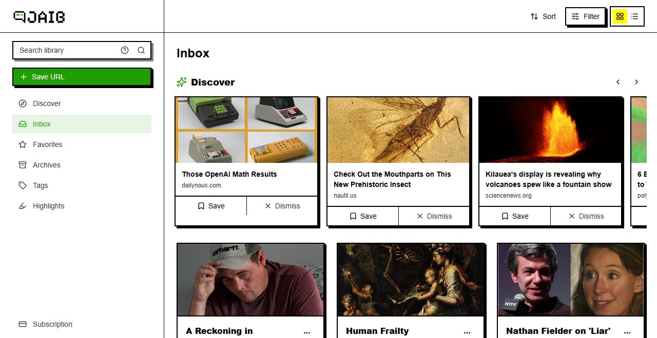 Jaib’s inbox with saved articles, tags, favorites, archives, and a Discover section.